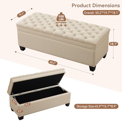 Image of WUTUTUEE 50 inch Fabric Storage Ottoman Bench, Upholstered Rectangle End of Bed Storage Ottoman Tufted Living Room Bedroom Bench with Safety Hinge, Solid Wood Legs, Loads 500 lb(Khaki)