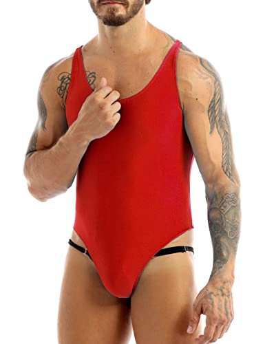Tssoe Men's One-Piece Mankini Bodysuit Wrestling Singlet Athletic Leotard Thong Underwear Red Raceback Medium #TOP1