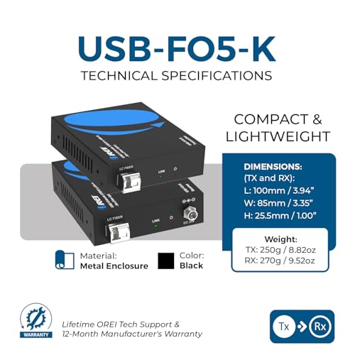 Image of OREI 5KM USB 2.0 Fiber Extender - 4 Port Industrial USB Extension Over Single Mode Fiber - 480Mbps Plug and Play for Windows Mac Linux