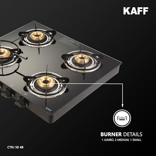 Image of KAFF Cooktop | 4 Burners with Slim Line Design 58 CM | 1 Jumbo burner | High Efficiency Brass Burners, Black Tempered Glass | Matt Enamelled Pan Support | Black | CTRJ58-4B