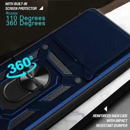 Image of SPAZY CASE Redmi Note 14 SE 5G Back Cover | Heavy Duty Hybrid Case with 360 Degree Rotating Finger Ring Holder + Slider Shutter Camera Protection Case for Redmi Note 14 SE 5G - Blue