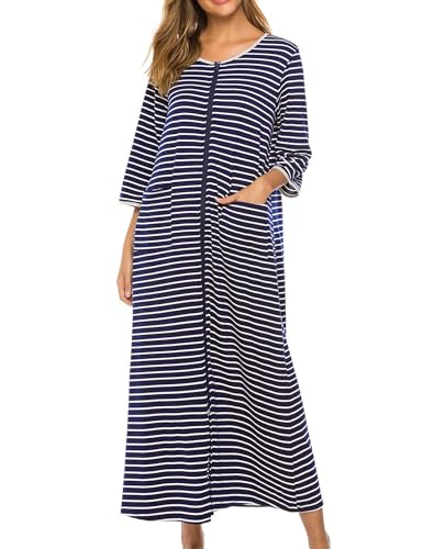 Image of Bloggerlove Zipper Front Robes for Women House Coat Half Sleeve Loungewear Long Nightgown with Pockets S-3XL