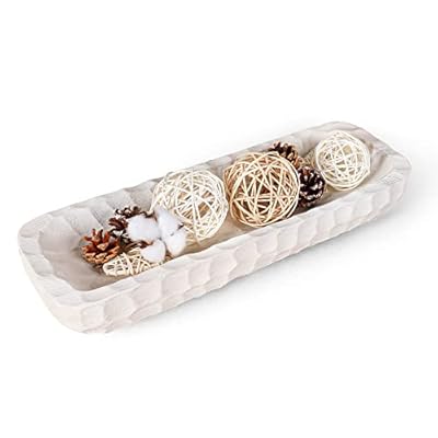 Decorative Bowl for Home Decor, Long Dough Bowl with Hand Carved Irregular Texture, Unique Table Centerpieces, Wooden Home Decor Accents for Farmhouse Boho Rustic Style(16.1"x 5.5" Washed White)