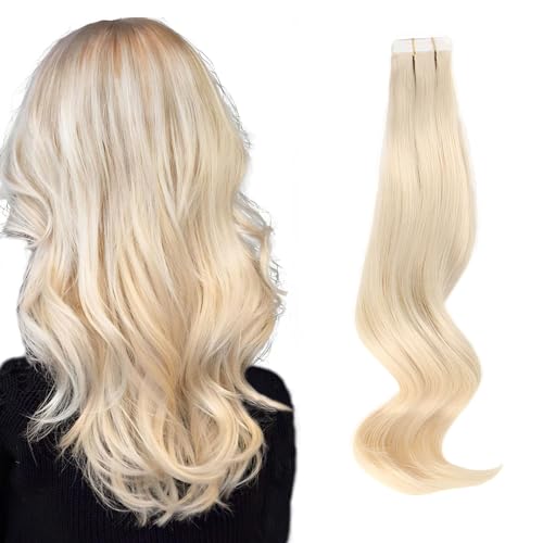 ABH AmazingBeauty Hair Tape in Hair Extensions Human Hair 18 Inch Semi-permanent Tape Attached Real Remy Human Hair Tape in Extensions 50g 20pcs Skin Weft Platinum Blonde Tape in Hair Extensions #60