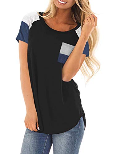 KUFV Women's Casual Short Sleeve Color Block Shirts Striped Tops Blouses with Pocket Black