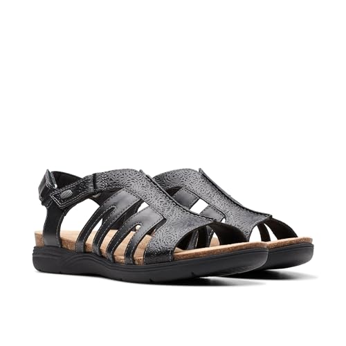 Image of Clarks Women's April Belle Flat Sandal, Black Leather, 9 UK
