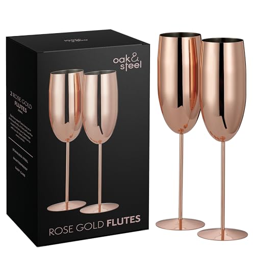 Oak & Steel - Set of 2 Rose Gold Champagne Flutes (10 oz) Stainless Steel Stemmed Champagne Glasses for Mimosa, Prosecco, Toasting, Gift for Bride & Groom, Wedding, Christmas, Valentines, Anniversary