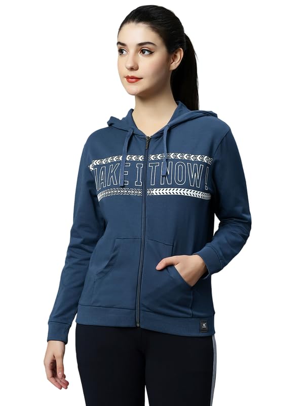 Image of Women's Cotton Printed Steel Blue Jacket with 2 Cross Pockets