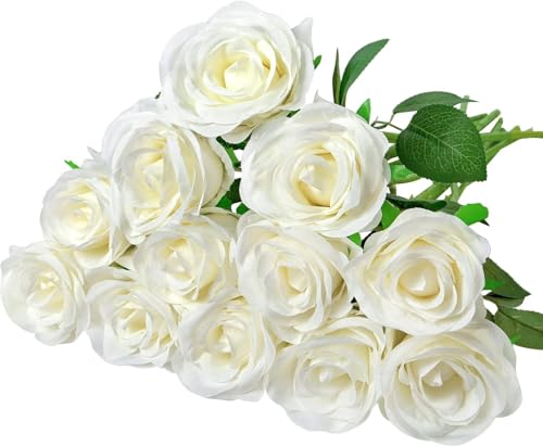 Woltoy 12 Stück Künstliche Rosen, Weiß Künstliche Blumen Gefälschte Rosen Seide Kunstblumen Weiß für Garten, Hochzeitsfeier, Drinnen und Draußen