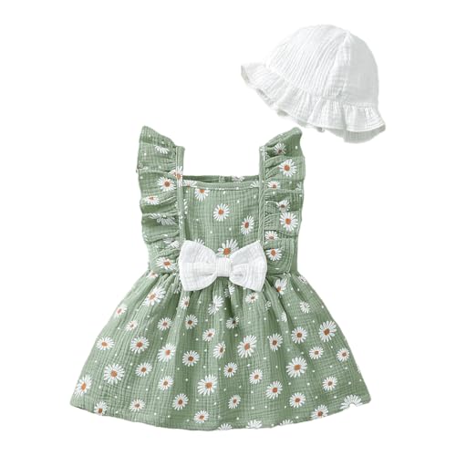 JENJON Robe d'été Bébé Fille Manches à Volants Bohème Casual Imprimé Cœurs/Fleurs Robes pour Enfants Adorable Ensemble Tenue avec Chapeau Marguerites...