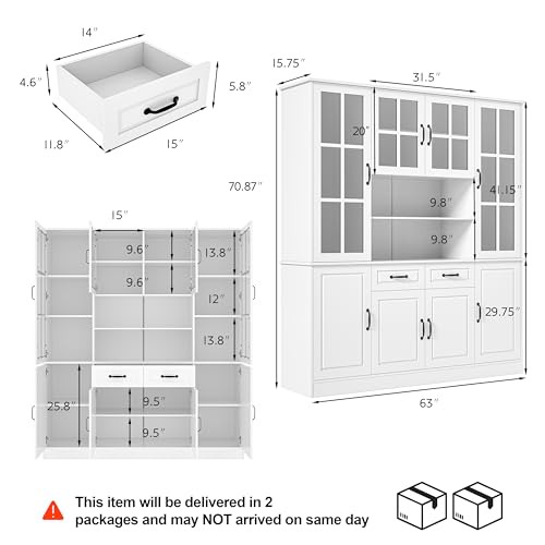 MU Kitchen Storage Cabinet with Glass Doors, Large China Hutch with 2 Drawers & 5 Adjustable Shelves, Kitchen Pantry Hutch for Home Office, Living Room, White (15.8" D x 63" W x 70.9H)