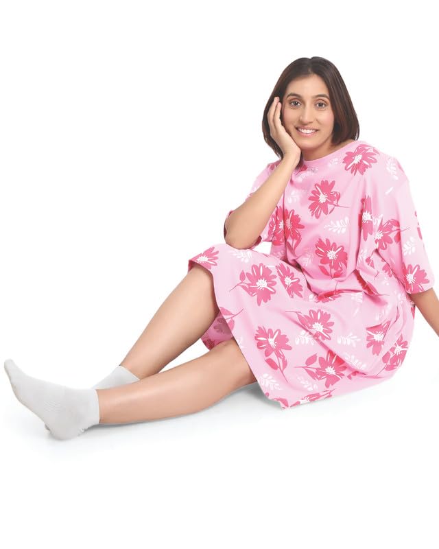 Image of LAMA STORE Women's Printed Oversized T-Shirt Dress, Cotton, 3 /4 Sleeve Length, Casual Loose Fit, Comfort Wear Extra Comfy Oversized Printed Pocket T-Shirt Dress