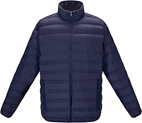 Image of Mens Thin Puffer Coat With Pocket Portable Standing Collar Duck Down Winter Coat Lightweight Windproof Heat Retaining (Navy, X-Large)