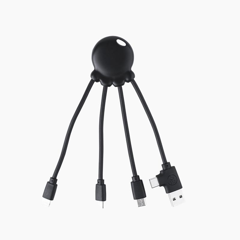 Xoopar 4-in-1 Multi USB Octopus Cable – Universal Charger with USB-C, Lightning & Micro USB – Made from Ocean Recycled Plastic – OBP Black