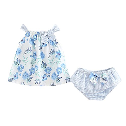 Counjunto de Ropa bebé niña Verano 2pcs Bebés niñas impresión Floral Tops Chaleco + Pantalones Cortos a Rayas Trajes Ropa Conjunto (Azul Claro, Tamaño:12-18Mes)