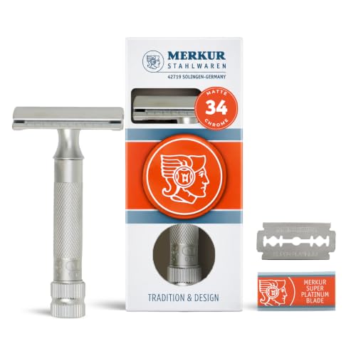 Image of MERKUR 34 Double Edge Safety Razor - Matte Chrome | Heavy Duty Knurled Brass Handle | Made in Germany | Plastic-Free | Two Piece Design | Closed Comb | Straight Bar