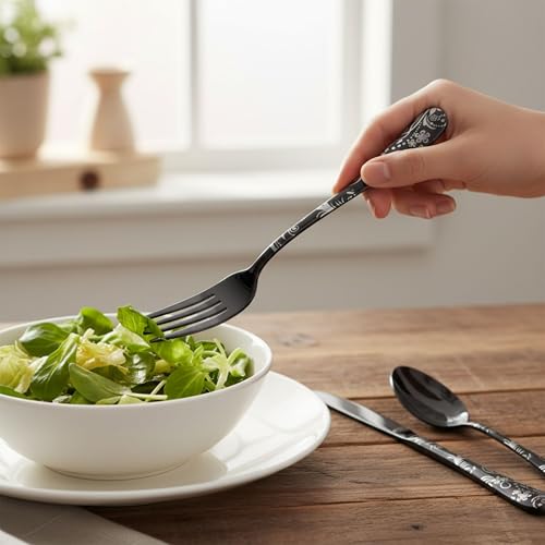 Image of 5 Pcs Black Floaral Stainless Steel Cutlery Set for Dining Table with Spoon and Fork Set & Butterknife - The Perfect Tableware /Flatware