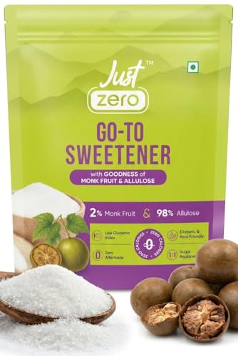Image of Just Zero Monk Fruit & Allulose Natural Sweetener for Diabetics | 1:1 Sugar Replacement for Tea /Chai, Filter Coffee, Mithai & Baking | No Erythritol, Zero Calorie, Keto Friendly | 200g