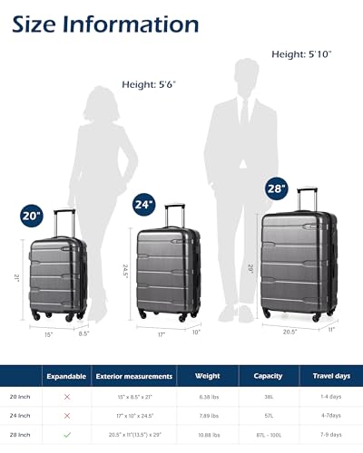Image of Coolife Luggage Expandable(only 28 inch) Suitcase PC+ABS Spinner Built-in TSA Lock 20in 24in 28in Carry on (Charcoal, M(24in).)