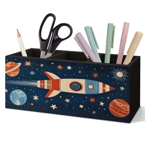 SNNDER Outer Space Pen Holder for Desk, Cosmic Rocket Planet Celestial Wooden Box Sign Desk Decor for Kids Room Home Classroom Decoration, Blue Galaxy Pencil Organizer, Space Decor for Boys Room