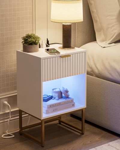 Image of Masupu Fluted Nightstand with Charging Station and LED Lights,Modern Night Stand Wood Bedside Table with Storage Drawer Side End Table for Bedroom, Office,White
