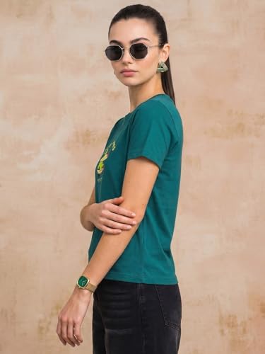 Image of JUNEBERRY Women's Regular Fit Printed Tee - 100% Pure Cotton, Round Neck, Half Sleeve Graphic T-Shirt for Daily Use (Colors: Red, Brown, Green & Future Dusk)
