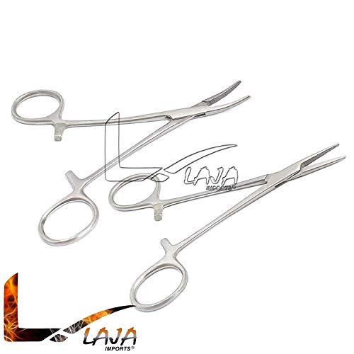 LAJA Imports Pair of Two Pet Ear/Nose Hair Pull Hemostat Locking Forceps Curved + Straight Serrated Jaw - 5