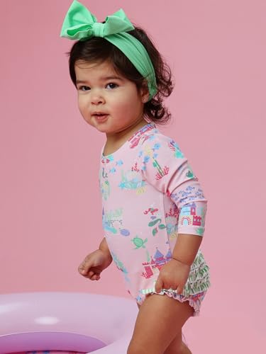 Image of RuffleButts Baby Girls UPF 50+ Sun Protection Floral Printed Long Sleeve One Piece Rash Guard Swimsuit with Zipper