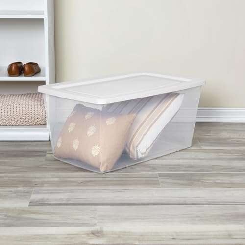 Image of Sterilite 16 Pack Storage Box, 90 Quart Stackable Tote, Clear Plastic Container with Secure Snapping Lids for Home and Office Organization, White