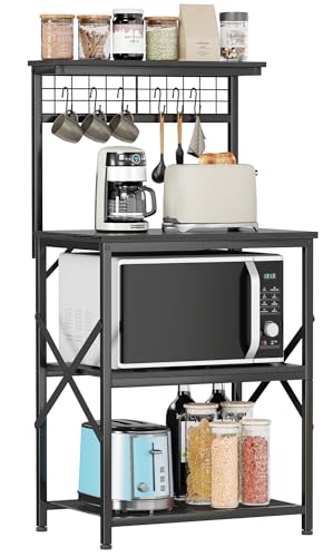 Image of Furologee Kitchen Bakers Rack with Hutch, Coffee Bar Station 4 Tiers, Microwave Oven Stand with 6 S Hooks and Pegboard, Kitchen Microwave Rack for Spice Organizer Workstation, Black