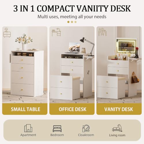 Image of COMHOMA Makeup Vanity Desk with Mirror and Lights, Small 3 in 1 Vanity Table with Visible Glass Top, Flip Top & 3 Drawers, Compact Dressing with Storage Stool for Room or Office