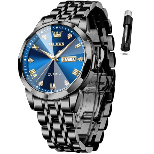 Image of OLEVS Watch for Men Diamond Business Dress Analog Quartz Stainless Steel Waterproof Luminous Date Two Tone Luxury Casual Wrist Watch Blue