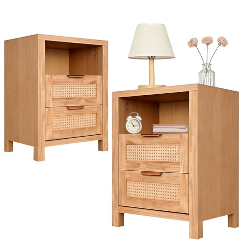 Beauenty Fluted Farmhouse Nightstand Set of 2 50cm Wide 2 Drawers End Table Bed Side Tables for Bedroom Bed Side Table Chest of Open Compartment Wood Night Stand for Living Room