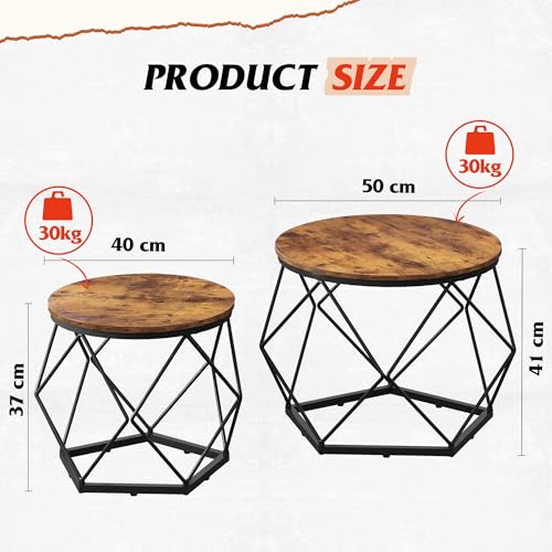 WLIVE Round Coffee Tables, Set of 2 Side Tables with Removable Wooden Tabletop, Robust Steel Frame, for Living Room, Bedroom, Rustic Brown