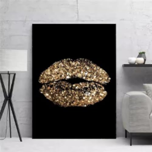 Peinture sur toile de femme noire avec lèvres dorées pour décoration de salon chic