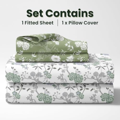 Image of LORETO - A QUALITY LINEN BRAND 144 TC 100% Pure Cotton Single Fitted Bedsheet with 1 Pillow Cover for 72 x 36 Inch Mattress, All-Around Elastic, 8 Inch Deep Pocket, Sage Green Floral Harmony