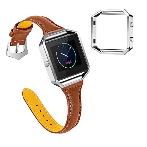 Jiarusig Compatible with Fitbit Blaze Bands with Metal Frame, Genuine Leather Slim Blaze Strap Replacement Wristband Large Small Smart Watch Band for Women Men Compatible with Fitbit Blaze