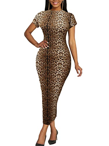 Image of Women's Long Bodycon Dresses Leopard Print Casual Maxi Club Party Tight Dress Short Sleeve