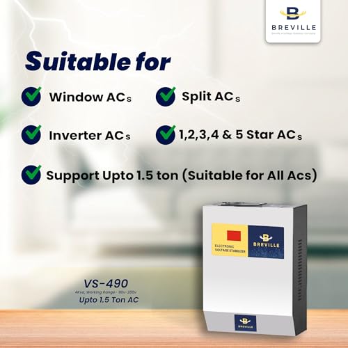 Image of Breville AC Double Booster Voltage Stabilizer for 1.5 Ton Inverter & Non-Inverter AC | 4kVA Capacity | Working Range 90V-285V | High & Low Voltage Cut-Off | 3 Year Warranty (SS Body)
