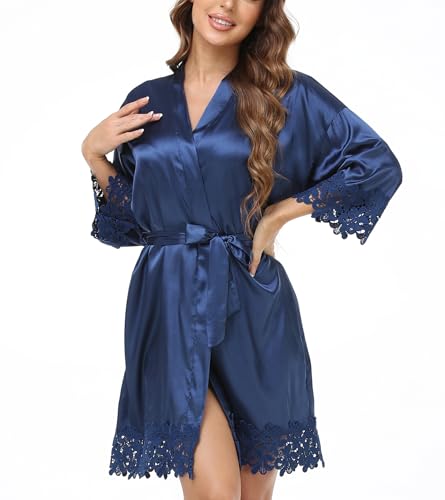 Image of Crystal Dew 2 Pcs Mother of the Bride Groom Robe with Lace Trim Embroidery Bridal Satin Kimono Robes for Wedding Day