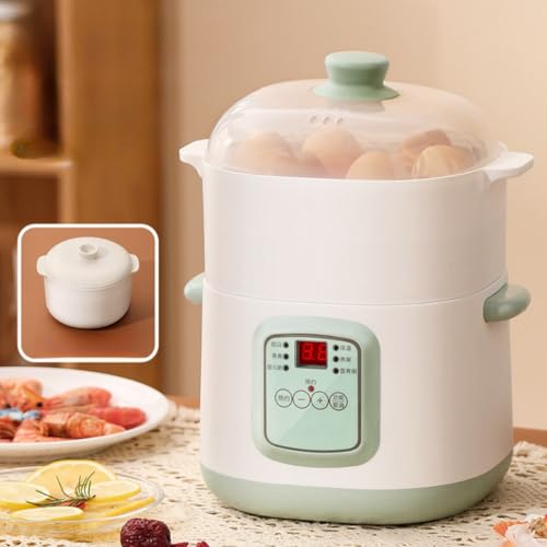 電気煮込み鍋、セラミックスープ鍋、家庭用焦げ付き防止ミルク鍋、自動予約防水煮込み鍋、健康のお粥電気煮込み鍋 電気なべ 保温機能 保温 調理鍋 コンパクト なべ 一人暮らし 蒸し 料理 マルチ調理 (ひとり鍋+蒸し器,グリーン)
