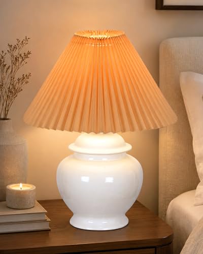 Image of Homesake White Ceramic Table Lamp for Bedroom Living Room,Incandescent,Modern Bedside Lamps Light,Nightstand for Home Office,Minimalist Nordic Style Accent Lighting Decor, (Jute Pleated Shade)