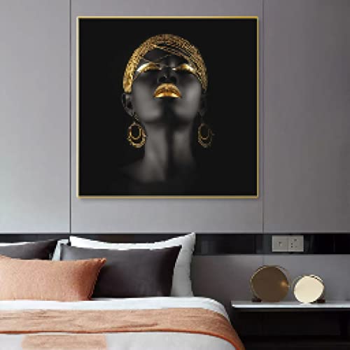 Tableau femme africaine 80x80cm coiffe dorée pour salon moderne
