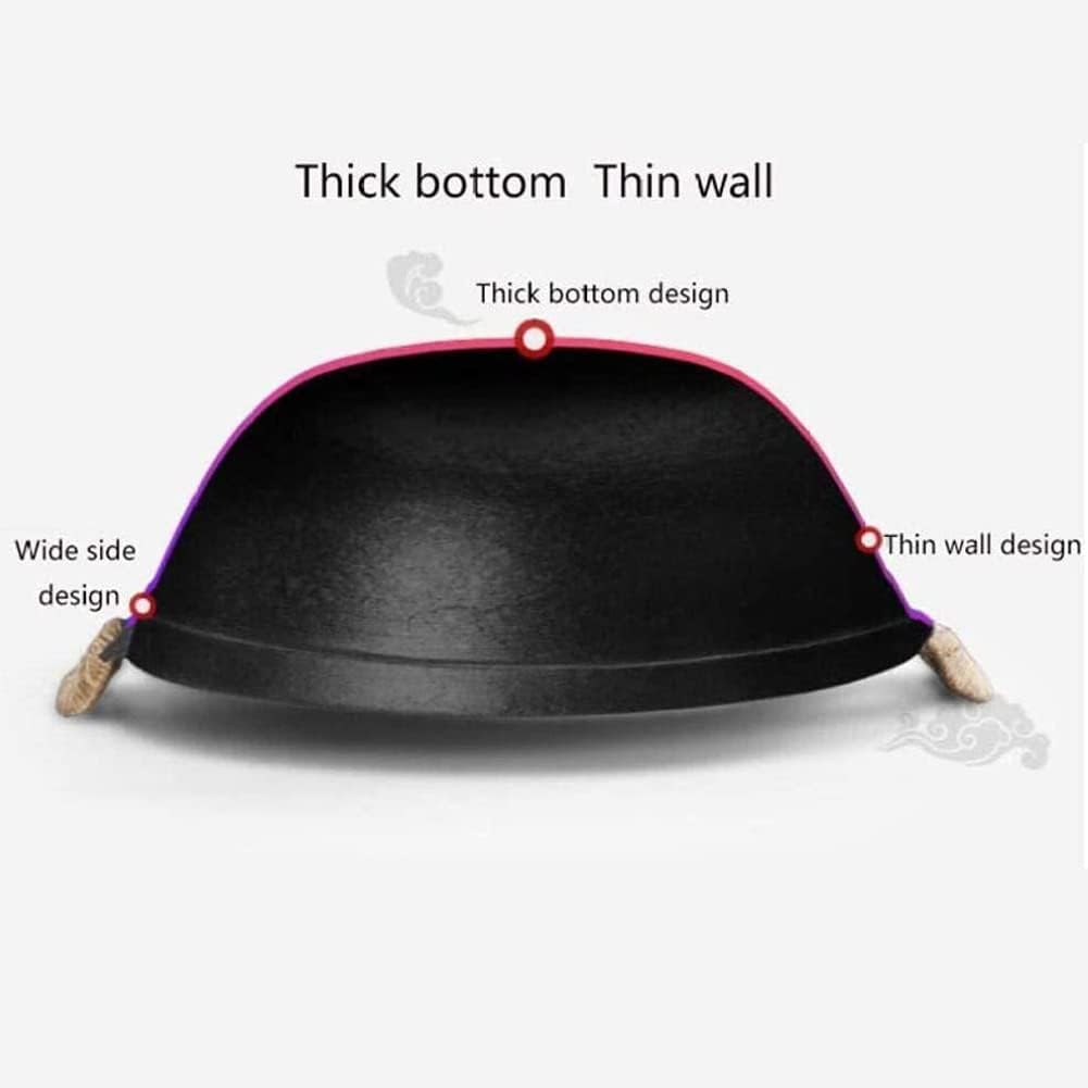 Double-Handle Anti-Scalding Wok, Old-Fashioned Cast Iron Pan with Hemp Rope Auxiliary Handle, Round Bottom Cast Iron Wok, Uncoated Iron Pan,40CM