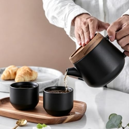 Foto von Japanisches Teeservice, Teeservice Set, Keramik Teekanne Set Mit Teesieb Und Deckel, Teekanne Porzellan Mit 2 Tassen Und Tablett Für Reisen Zu Hause Im Freien & Geschenkidee