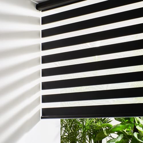 Estor Enrollable de Doble Capa, Estor Noche y Dia, Stores Ventanas Sin Taladrar, 80An x 180Al cm, Negro