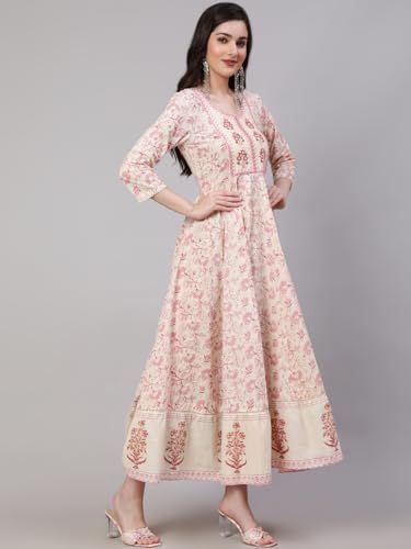 Image of Mizaz Women Printed Embroidered Cotton Round Neck 3 /4 Sleeve Ankle Length Flared Kurta Pant And Dupatta Set (MZ1038OFFWHITE P)