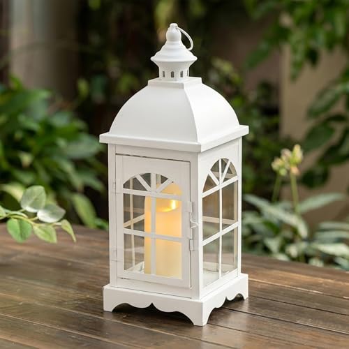 TRIROCKS Lanterne decorative vintage per candele, altezza 36,8 cm, per esterni, con vetro temperato, per veranda, balcone, patio, casa, centrotavola, interni, esterni (bianco)
