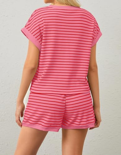 Image of Burtell Women Summer 2 Piece Lounge Sets Striped Short Sleeve Tee Shirts Mini Shorts Loungewear Shorts Set Ribbed Pajama Set