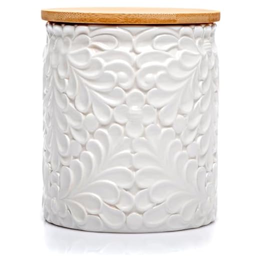 Small Engraved Ceramic Kitchen Canister - Storage Jars with Airtight Lids Made from Bamboo with Nature-Inspired Engraving - Use as a Pasta Holder, Coffee Ground Holder, Rice Container - 30 Ounces
